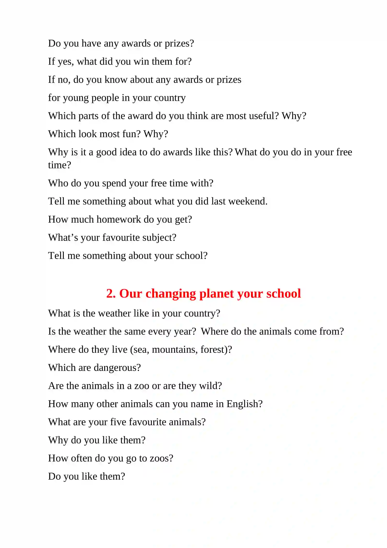 SPEAKING QUESTIONS 2