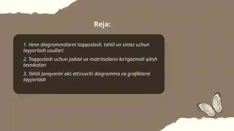 Taqqoslash, tahlil va sintez tushunchalarini shakllantirishda foydalaniladigan ko'rgazmali qurollar tayyorlash 2