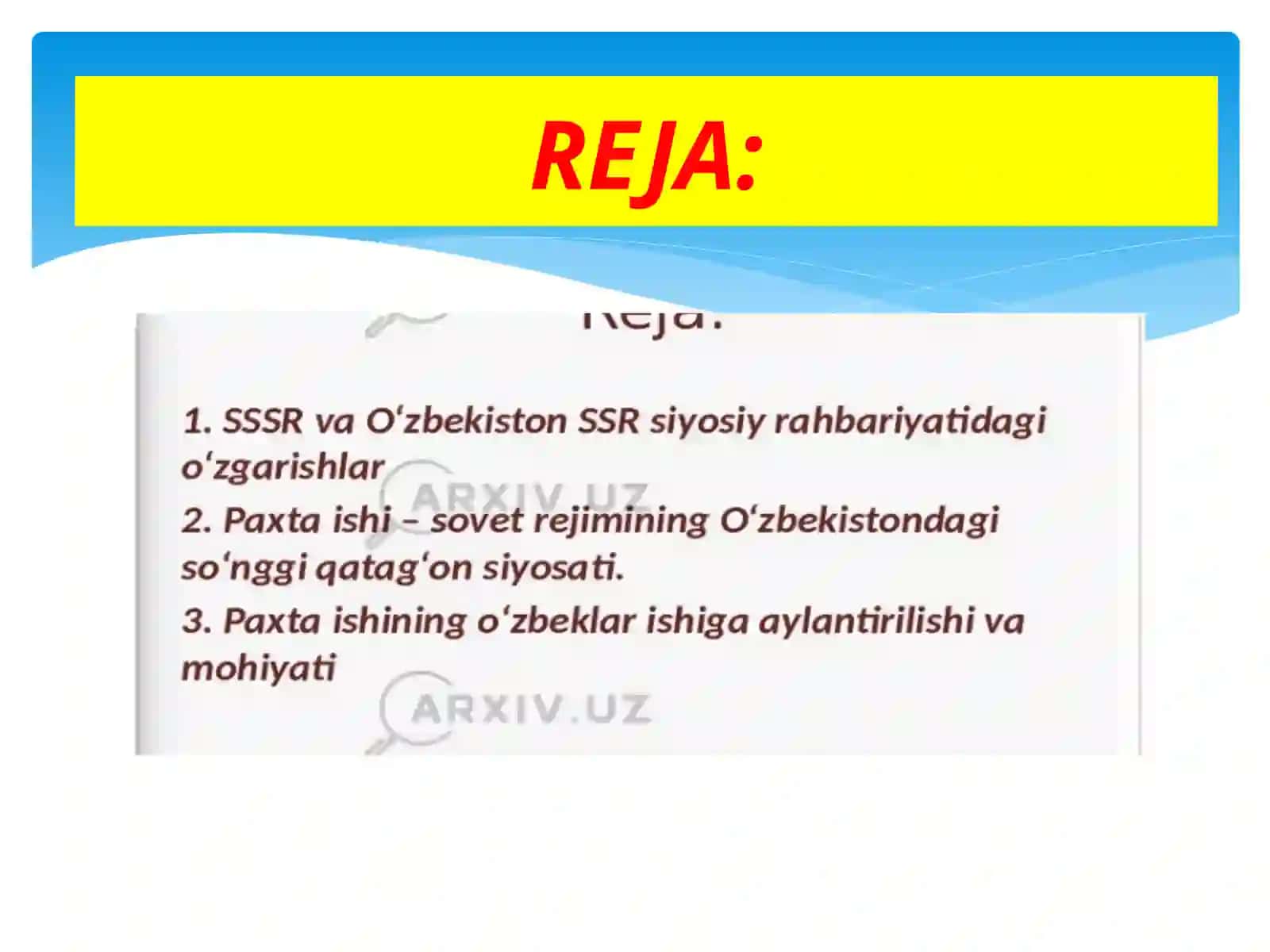 O’ZBEKISTONING ENG YANGI TARIXI FANIDAN,,’o’zbekistondaamalgaoshirilgan,,paxtaishi’’,,o’zbekishi’’ debnomlangansiyosiyqatag’on.’’mavzusidamustaqilish 2
