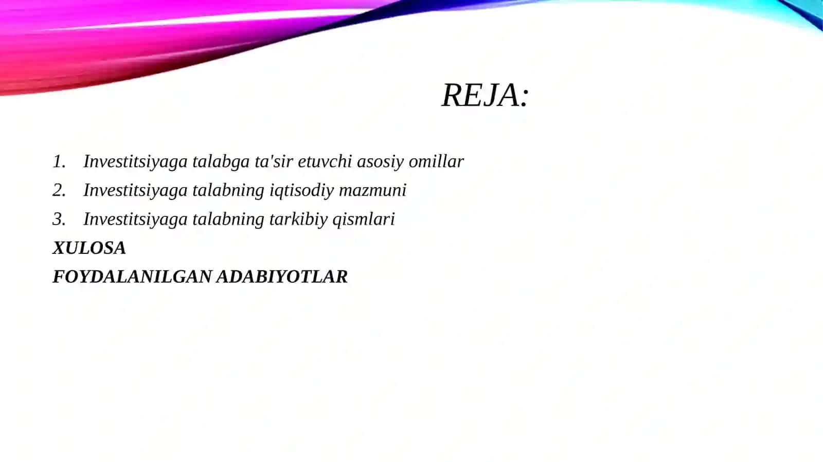 Investitsiyaga talab omillari va funksiyasi 2