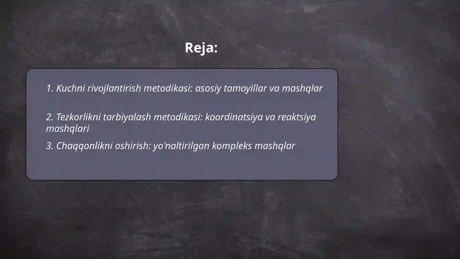 Jismoniy tarbiya sifatlarini (kuch, tezkorlik, chaqqonlik, egiluvchanlik, chidamlilik) tarbiyalash metodikasi 2