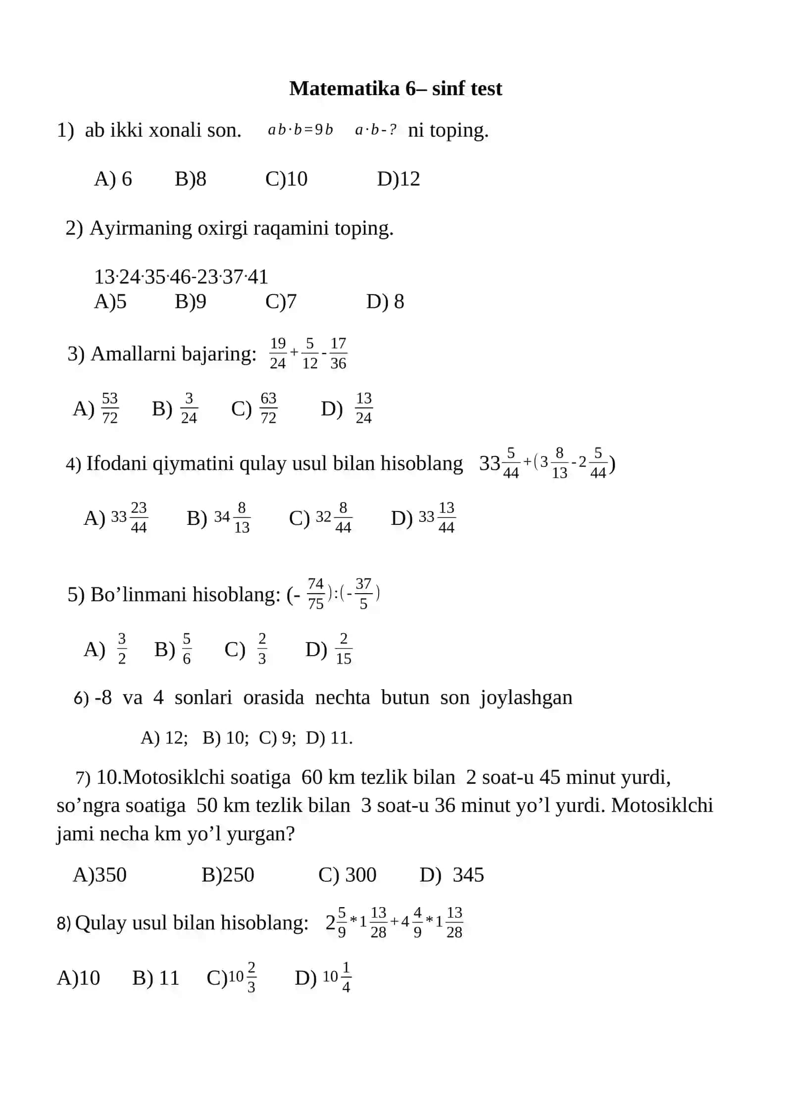 Matematika 6– sinf yozma ish 2