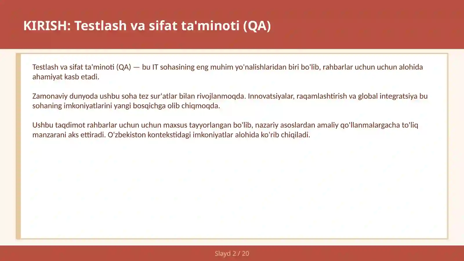 Testlash va sifat ta'minoti (QA) 2