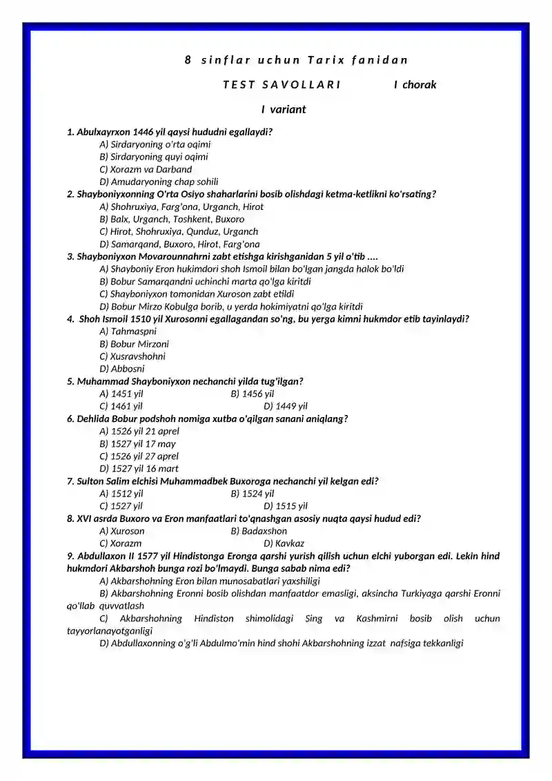 8-sinflar uchun tarix fanidan teslar to'plami 2