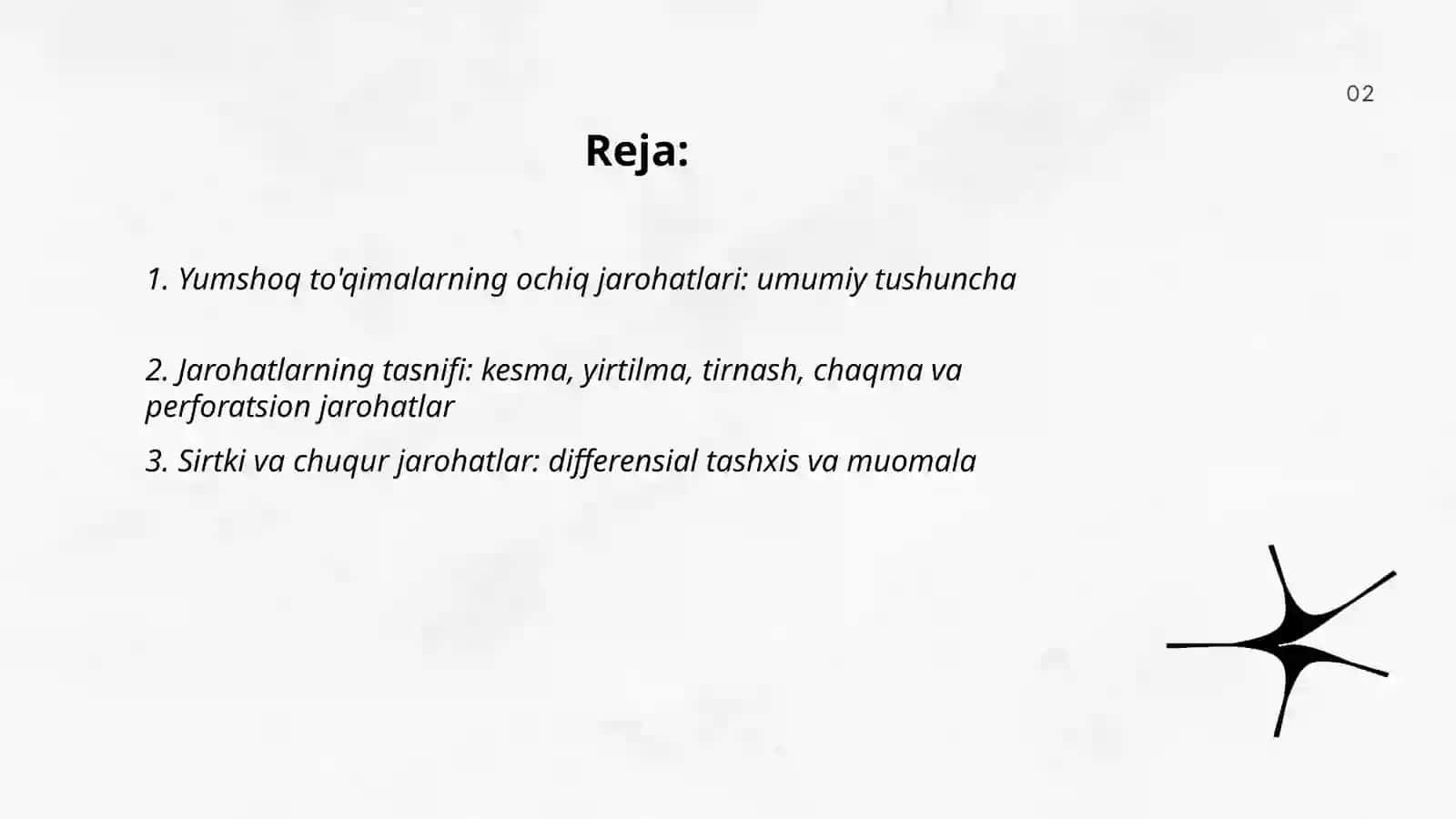 Yumshoq to'qimalar ochiq shikasti (jarohatlar tog'risida ta'lim) Jarohatlar tasnifi.Jarohatning bitishi 2
