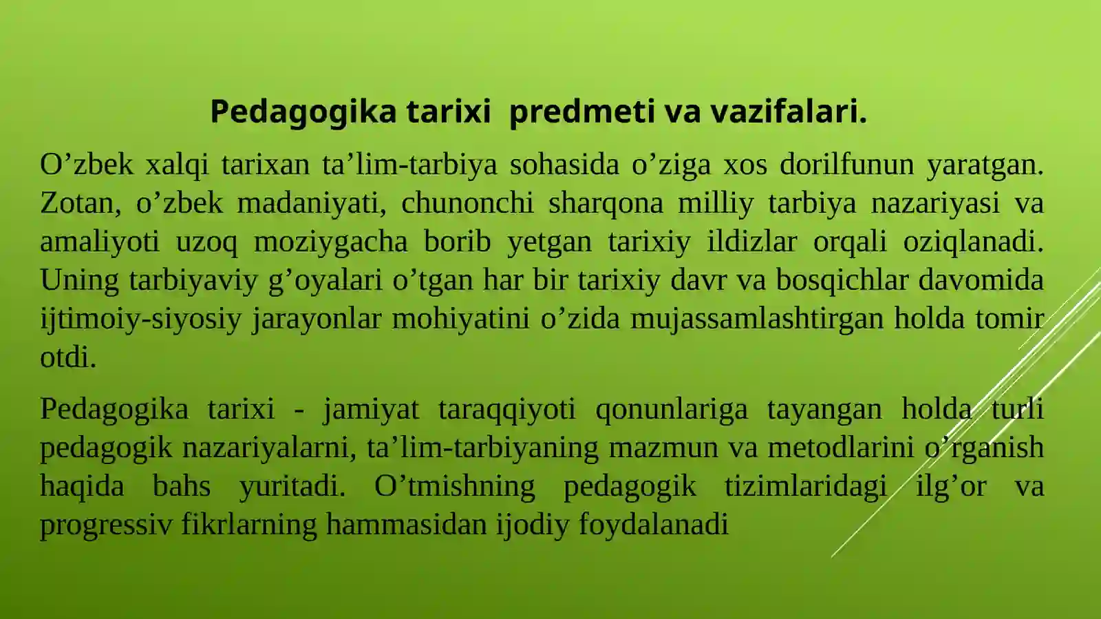 Pedagogika tarixi-fan sifatida. Ibtidoiy jamoa tarbiya. Eng qadimgi davrdan VII asrgacha ta’lim-tarbiya va pedagogik fikrlar. VII asrdan XIV asrning birinchi yarmigacha O’rta Osiyo tarbiya, maktab va pedagogik fikrlar 2