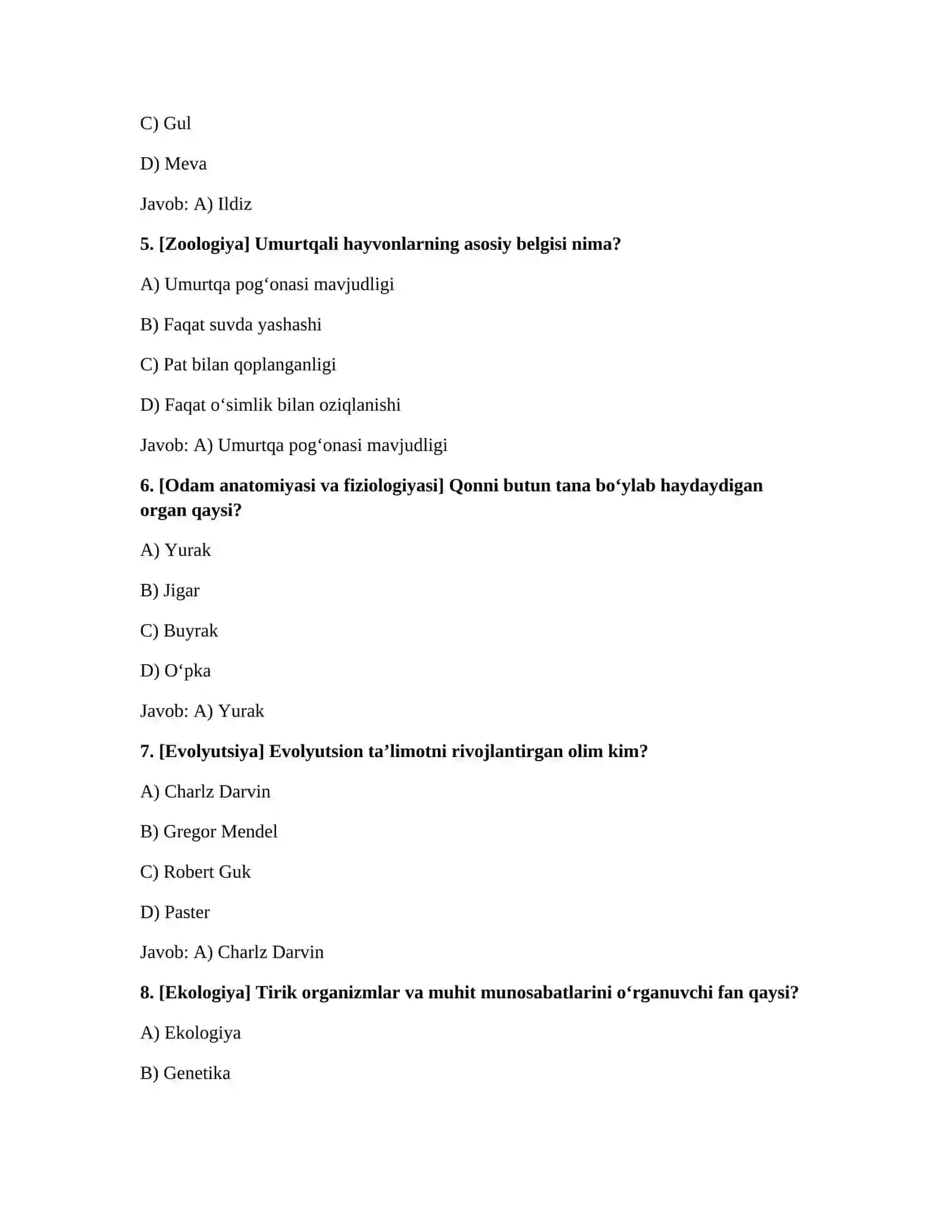 BIOLOGIYA FANIDAN 500 TA TEST VA JAVOBLAR 2