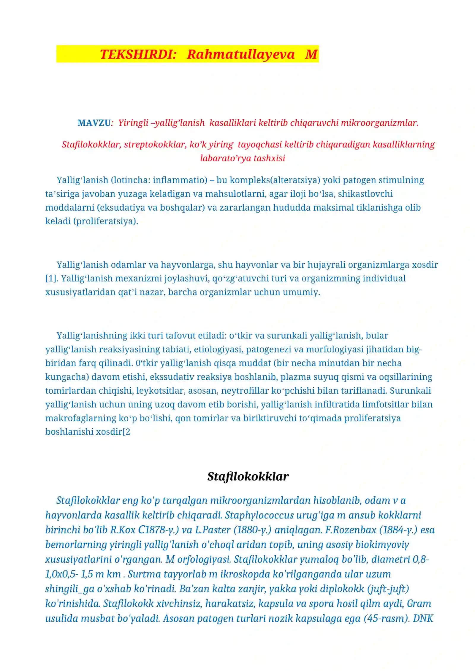 Yiringli –yallig’lanish kasalliklari keltirib chiqaruvchi mikroorganizmlar REFERATI 2