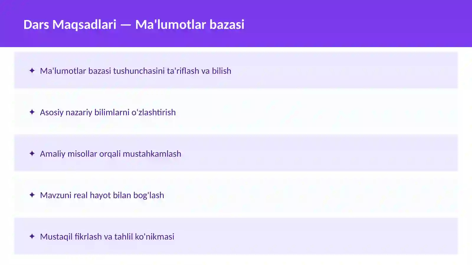 SQL O'qituvchilar va talabalar uchun dars ishlanma 2