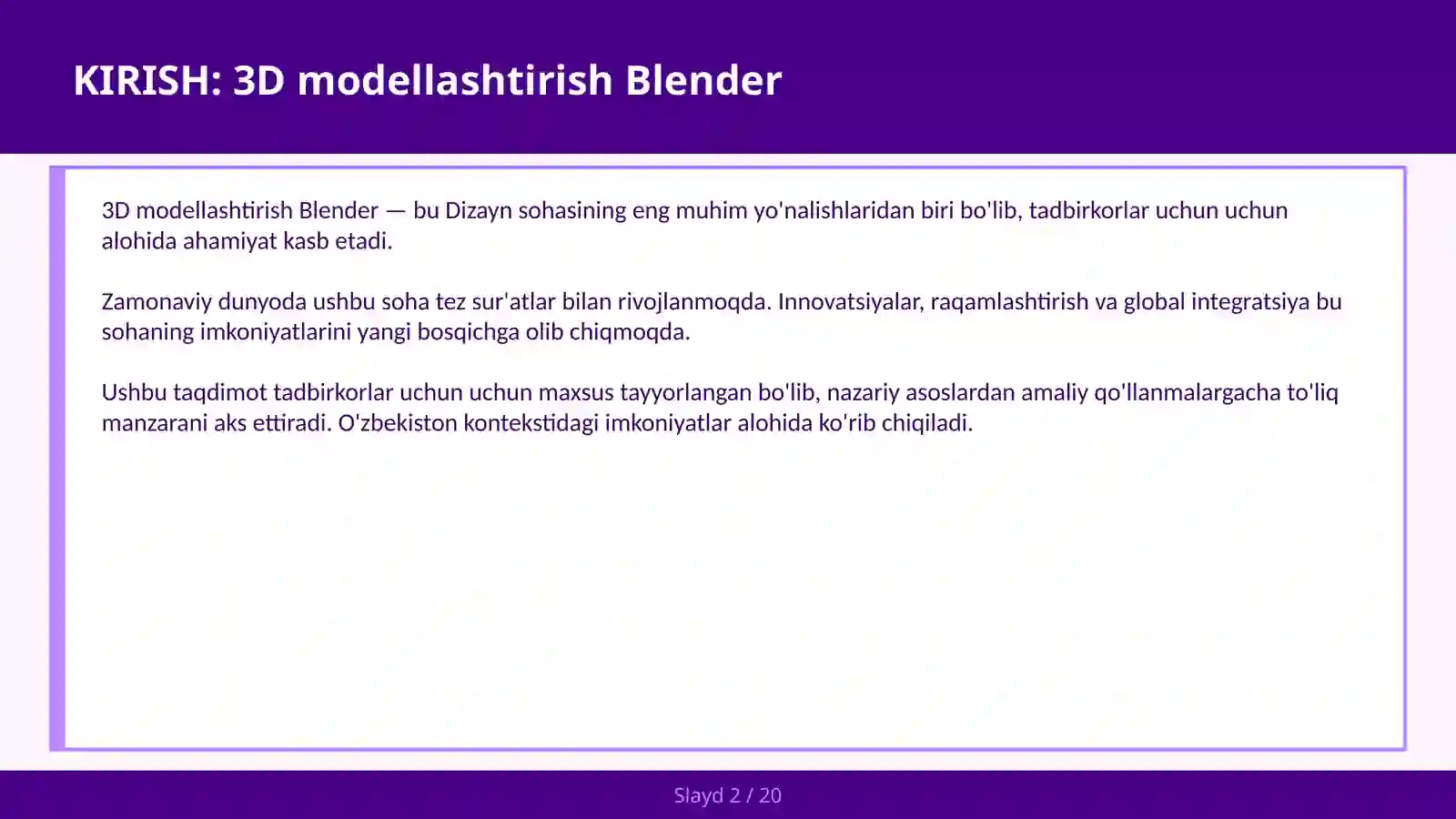 3D MODELLASHTIRISH BLENDER 2