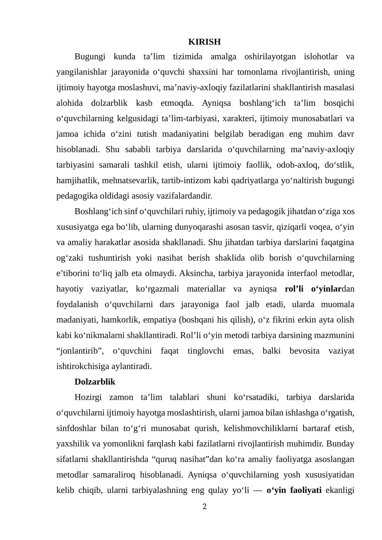 TARBIYA DARSLARIDA RO'LLI O'YINLARDAN FOYDALANISH 2