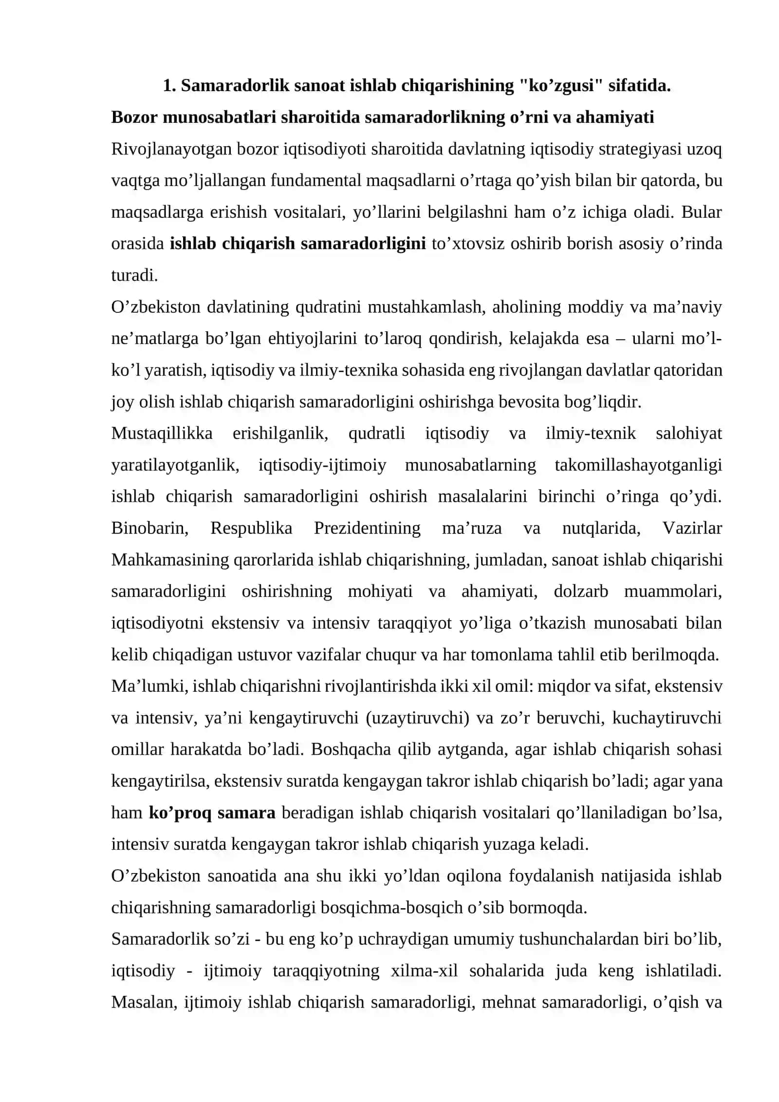 Samaradorlik sanoat ishlab chiqarishining "ko’zgusi" sifatida 2