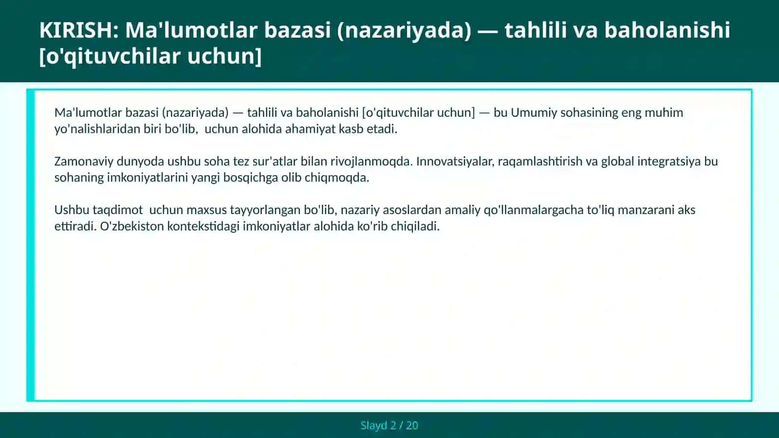 Ma'lumotlar bazasi (nazariyada) — tahlili va baholanishi [o'qituvchilar uchun] 2