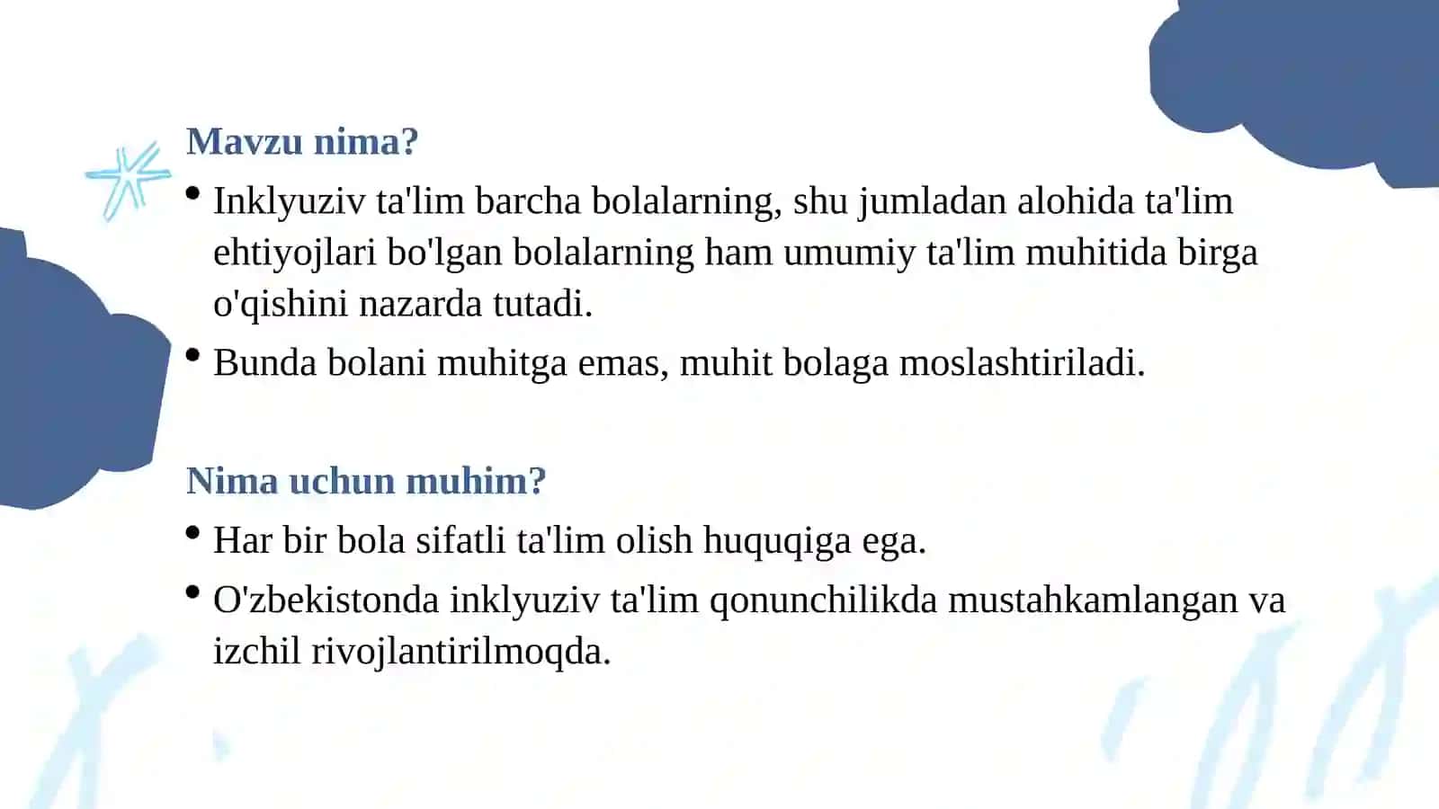 INKLYUZIV TA'LIM: MAZMUNI, TAMOYILLARI VA METODLARI 2