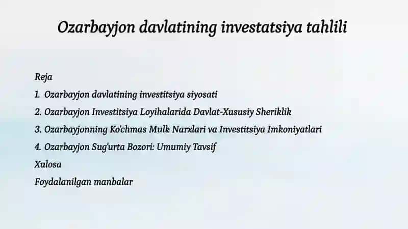 Ozarbayjon davlatining investatsiya tahlili. Taqdimot 2