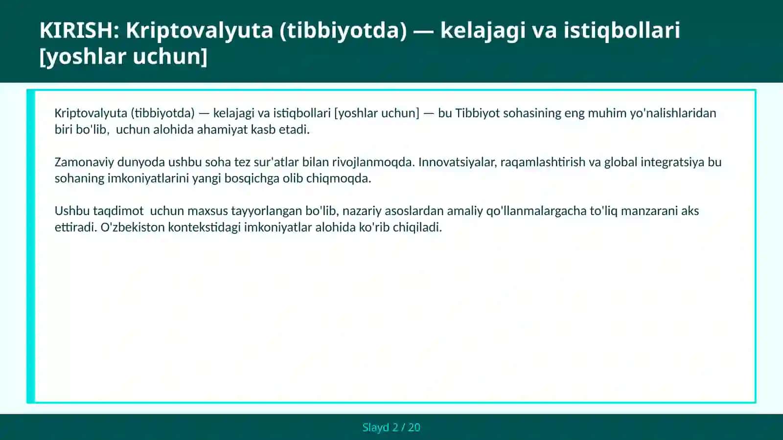 Kriptovalyuta (tibbiyotda) — kelajagi va istiqbollari (yoshlar uchun) 2