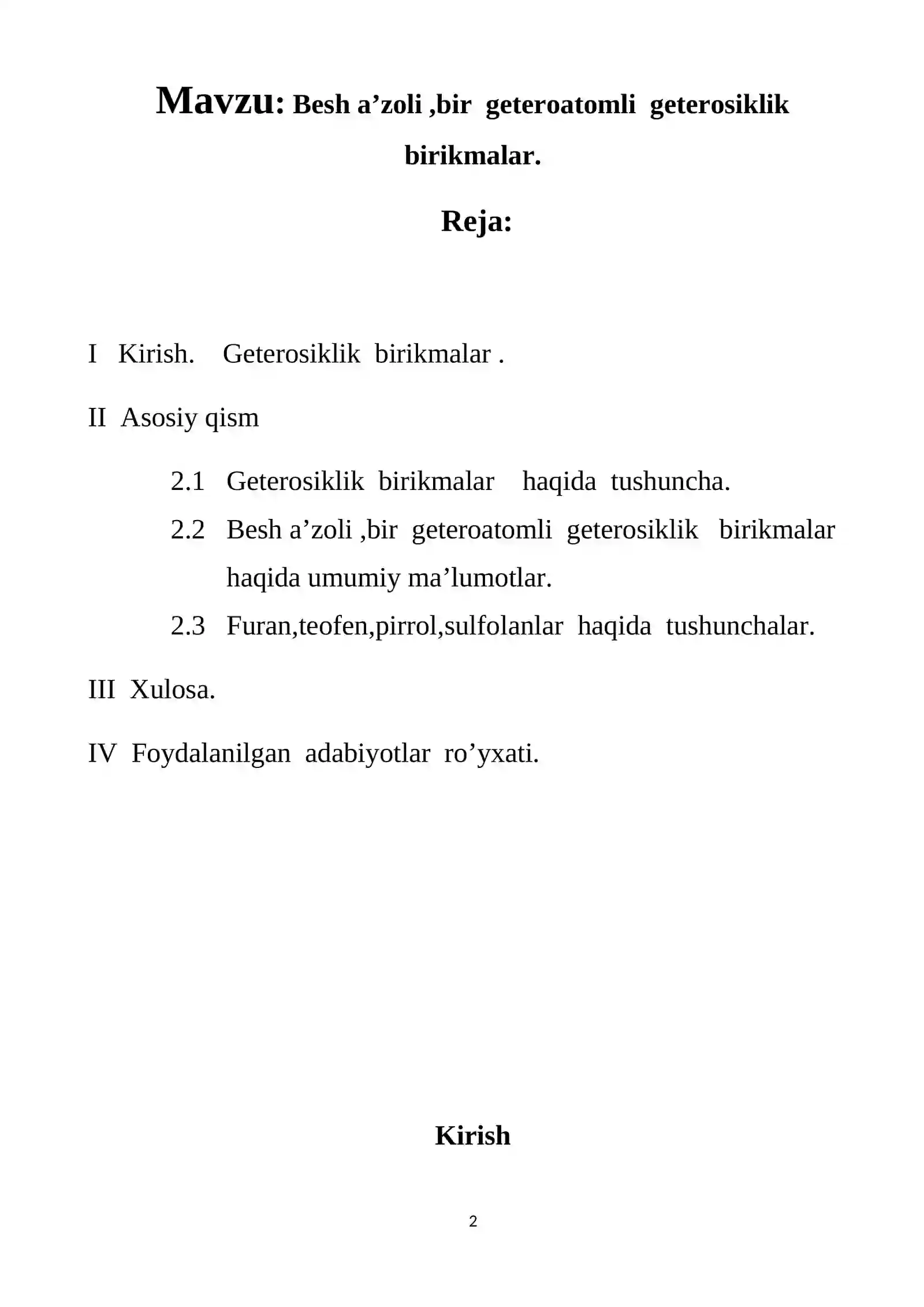 Besh a’zoli,bir geteroatomli geterosiklik birikmalar 2
