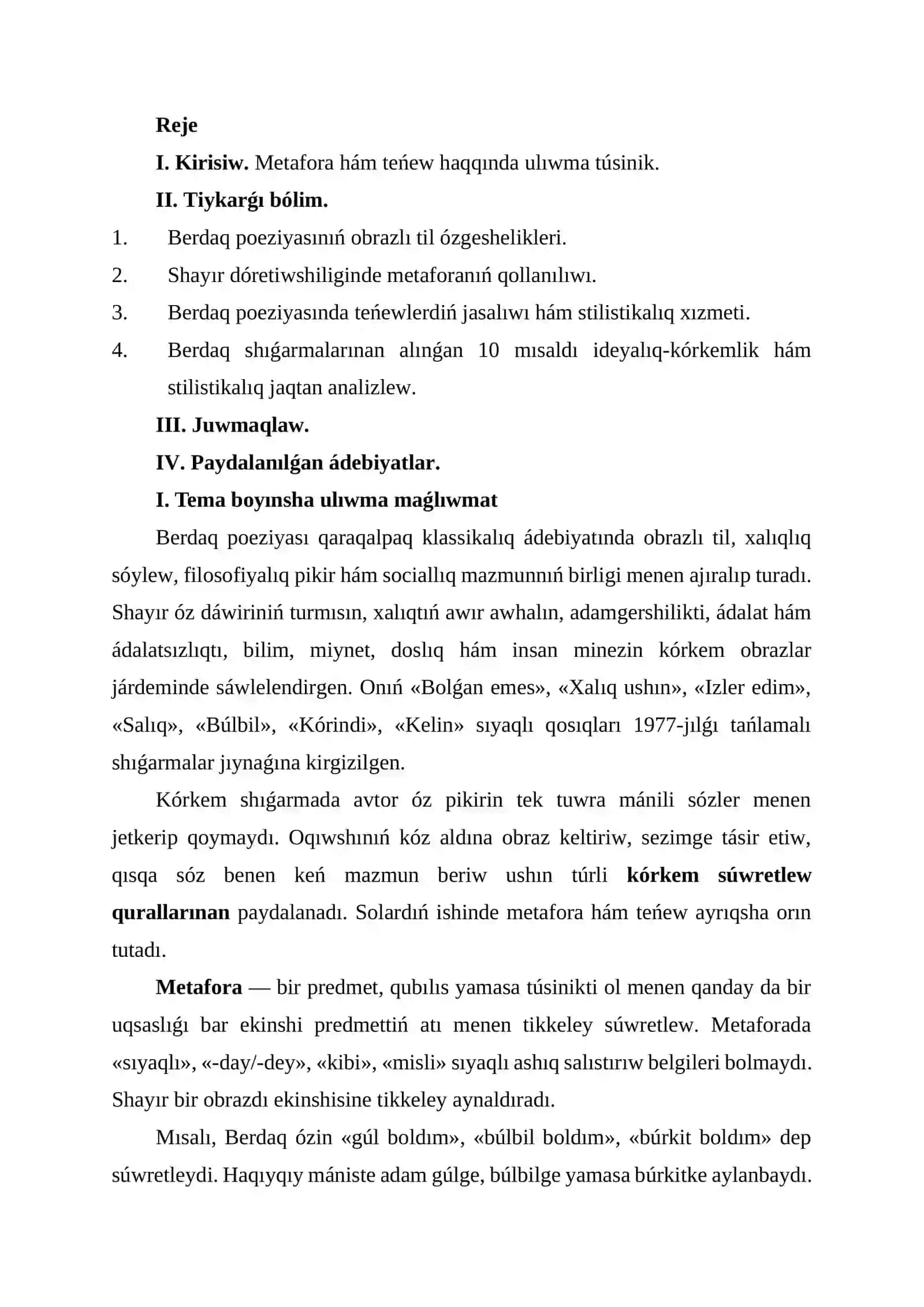 Berdaq poeziyasında metafora hám teńewlerdiń qollanılıwı 2
