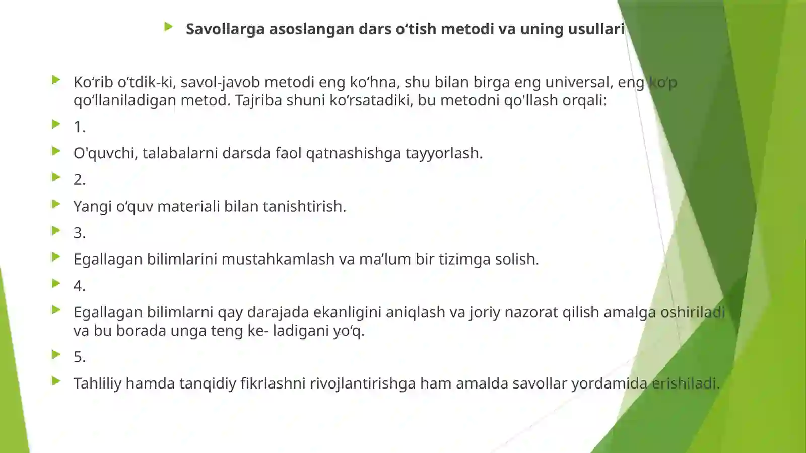 Savollarga asoslangan dars o'tish metodi va uning usullari 2