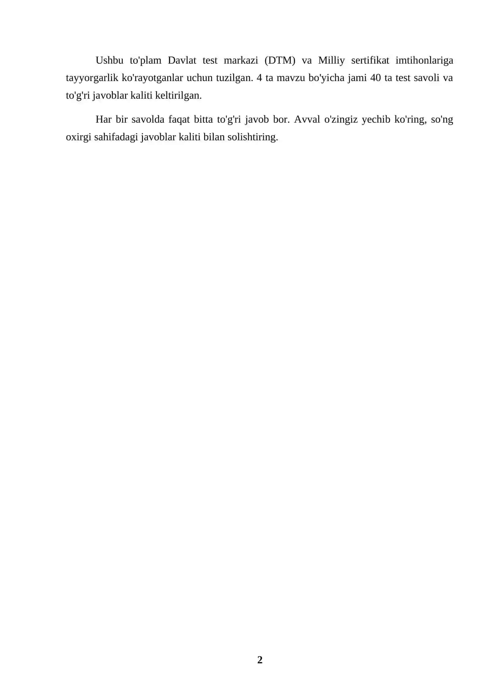 Kimyo — DTM/Milliy sertifikat uchun test to'plami (40 ta savol, javoblar bilan) 2