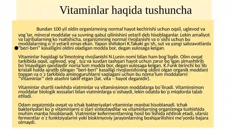 Toshkent Tibbiyot Akademiyasi 1-son Davolashishi fakulteti 107-B guruhi talabasi Umarov Bekzodning Tibbiy kimyo fanidan "Nasliya vitamin ozlar" mavzusida taqdimoti 2