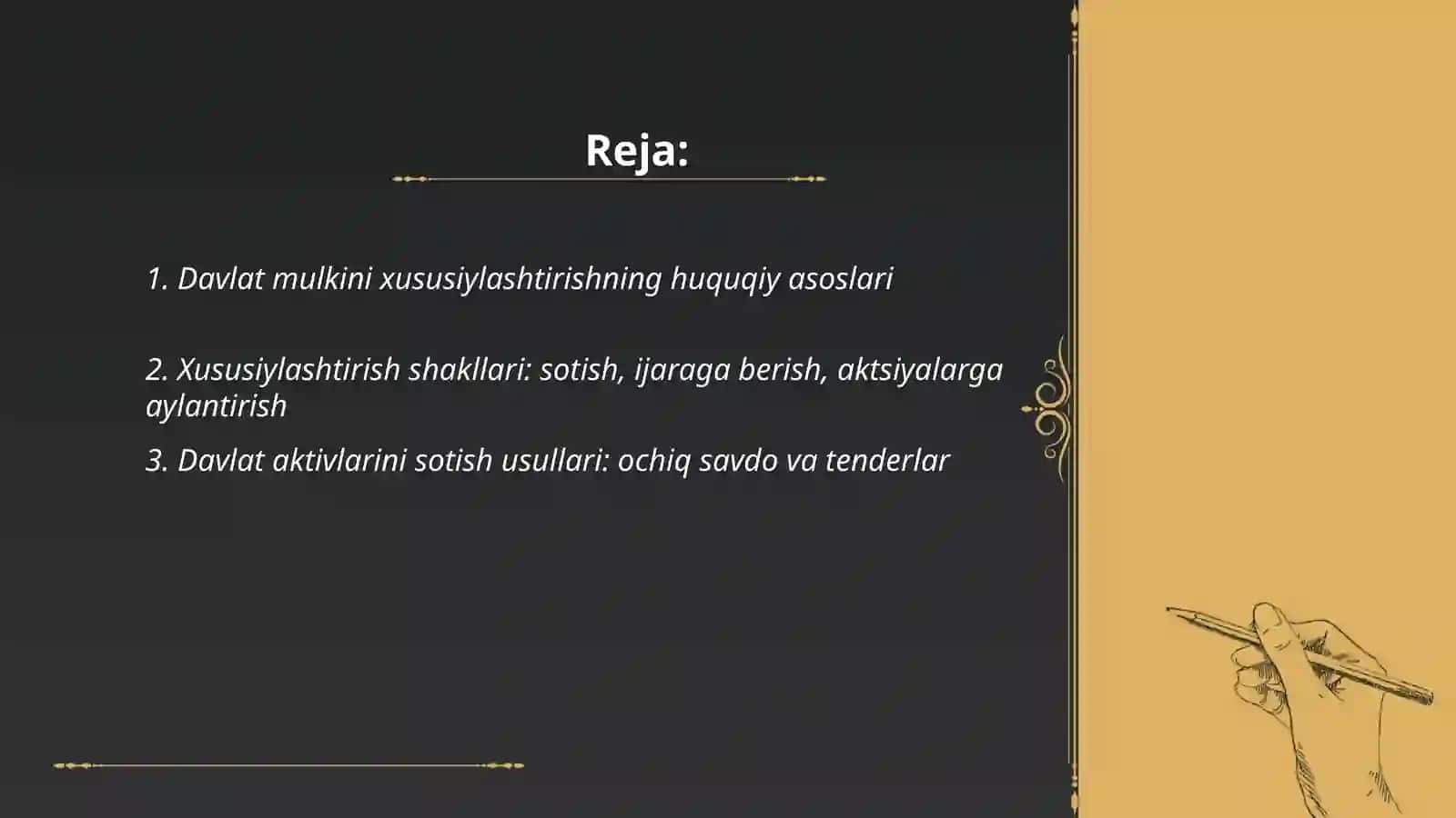 Mulkni davlat tasarufidan chiqarish va xususiyatlashtirish maqsadi yollari va usullari 2