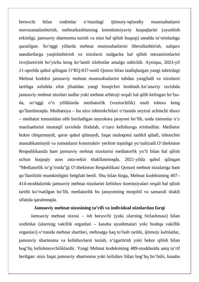 Jamoaviy mehnat nizolarini mediatr ishtirokida hal etish (tartibga solish) Referat 2