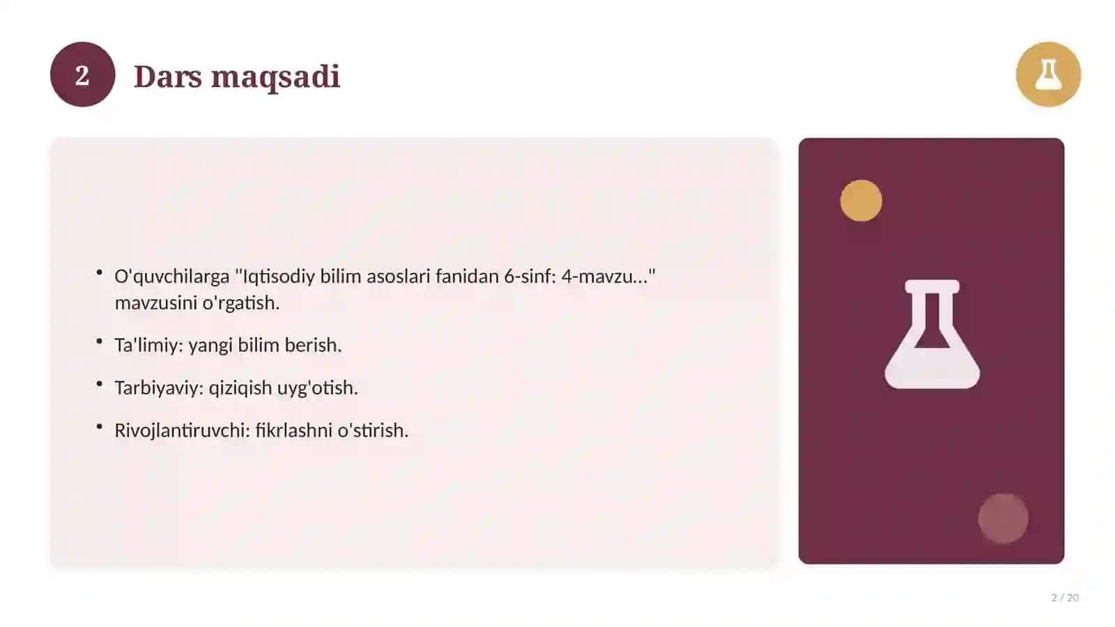 Iqtisodiy bilim asoslari fanidan 6-sinf: 4-mavzu uchun batafsil dars ishlanmasi 2