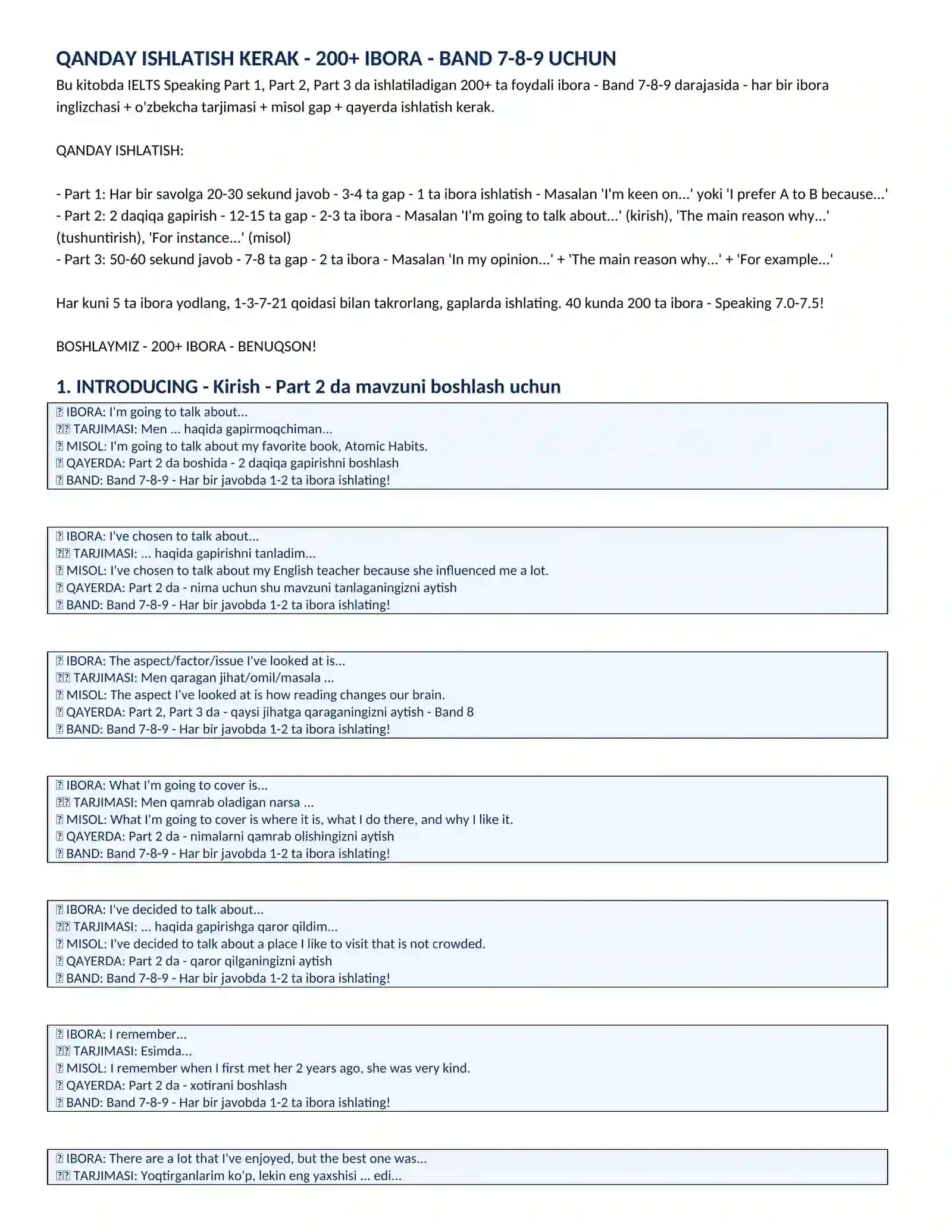 IELTS Speaking UCHUN FOYDALI IBORALAR 2