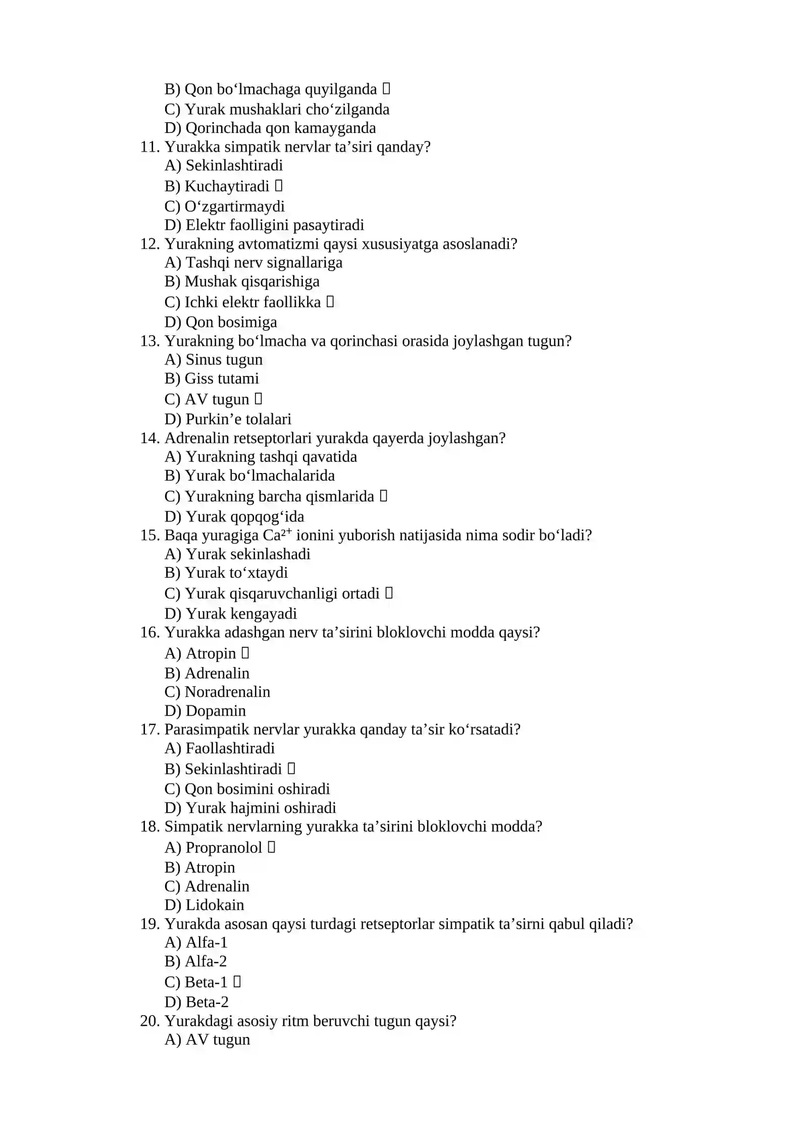 Test Savollari – Yurak faoliyatini boshqarilishi 2