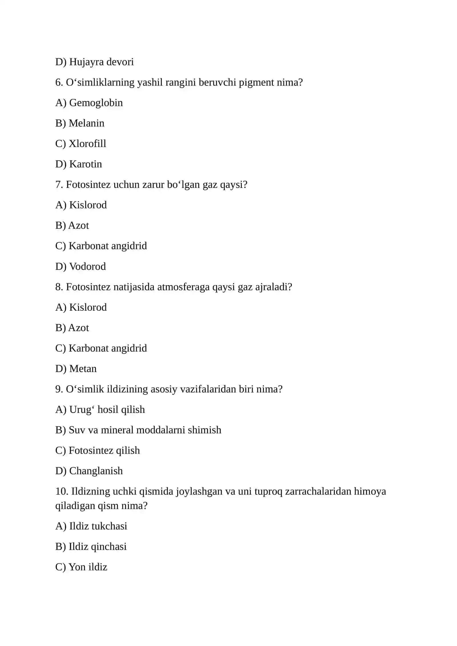 7-sinf Biologiya Testlar Javoblari bilan 2