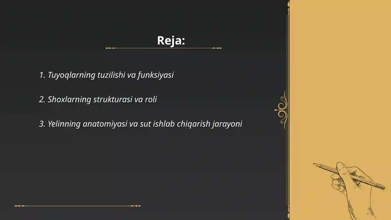 Terining hosila organlari (tuyoq, shox, yelin) tuzilishini tirik hayvonlarda o'rganish 2
