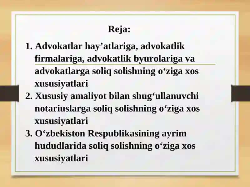 SOLIQ SOLISHNING SODDALASHTIRILGAN TIZIMI VASOLIQ TO'LOVCHILARNING AYRIM TOIFALARIGA SOLIQ SOLISHNINGO'ZIGA XOS XUSUSIYATLARI 2