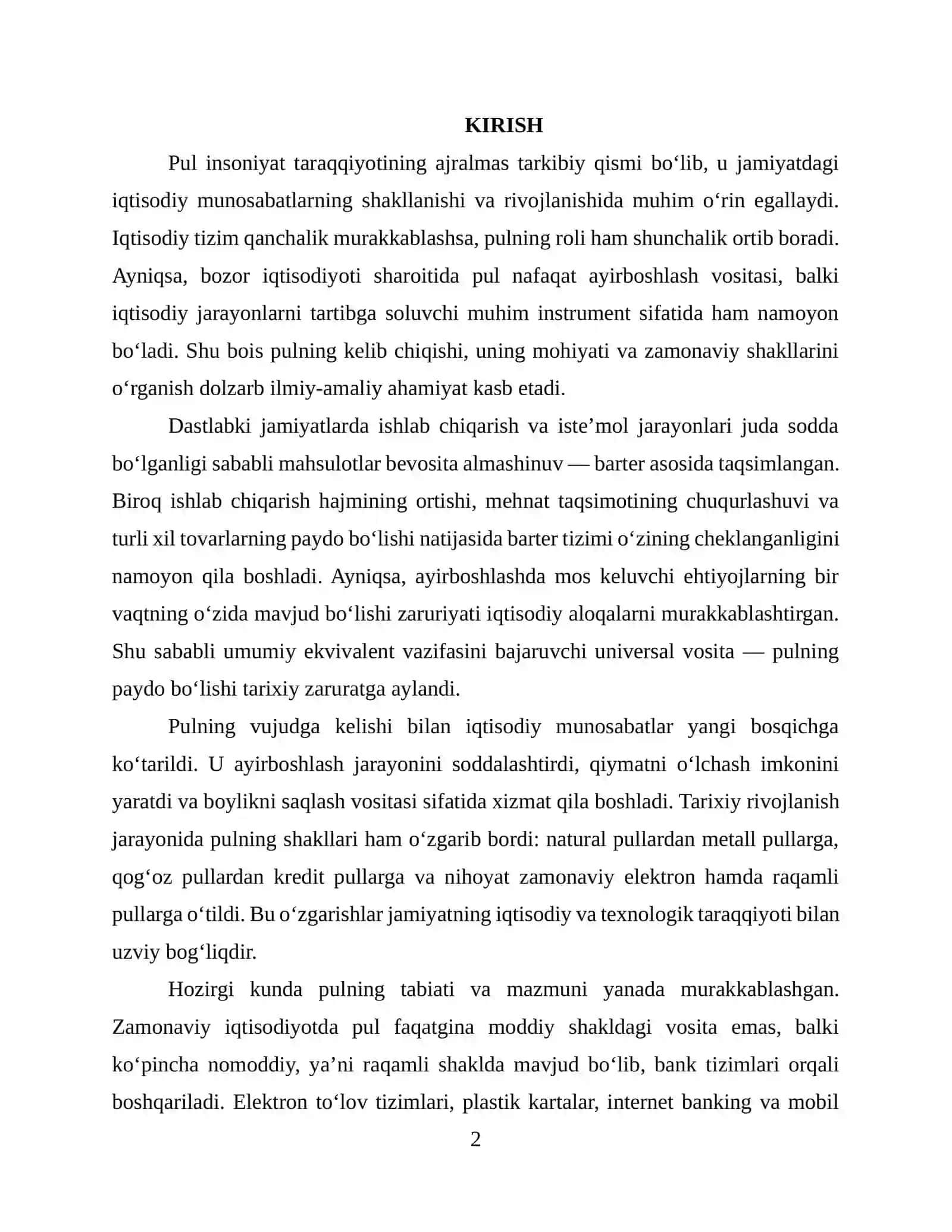Pulning kelib chiqishi, mazmuni. Hozirgi zamon pulining tabiati va mazmuni kurs ishi 2