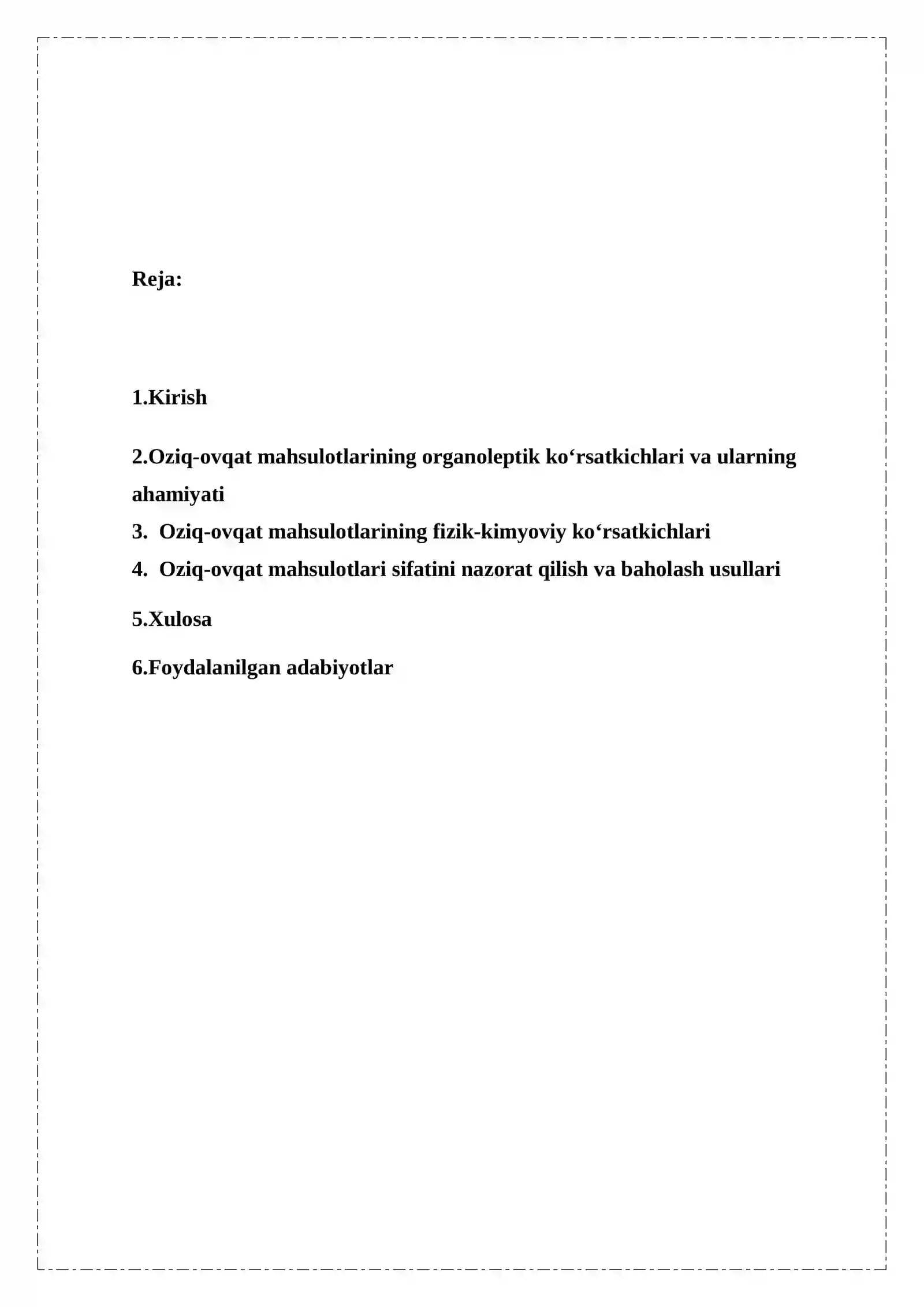 Oziq ovqat mahsulotlari organileptik va fizik kimyoviy ko’rsatkichlari. 2