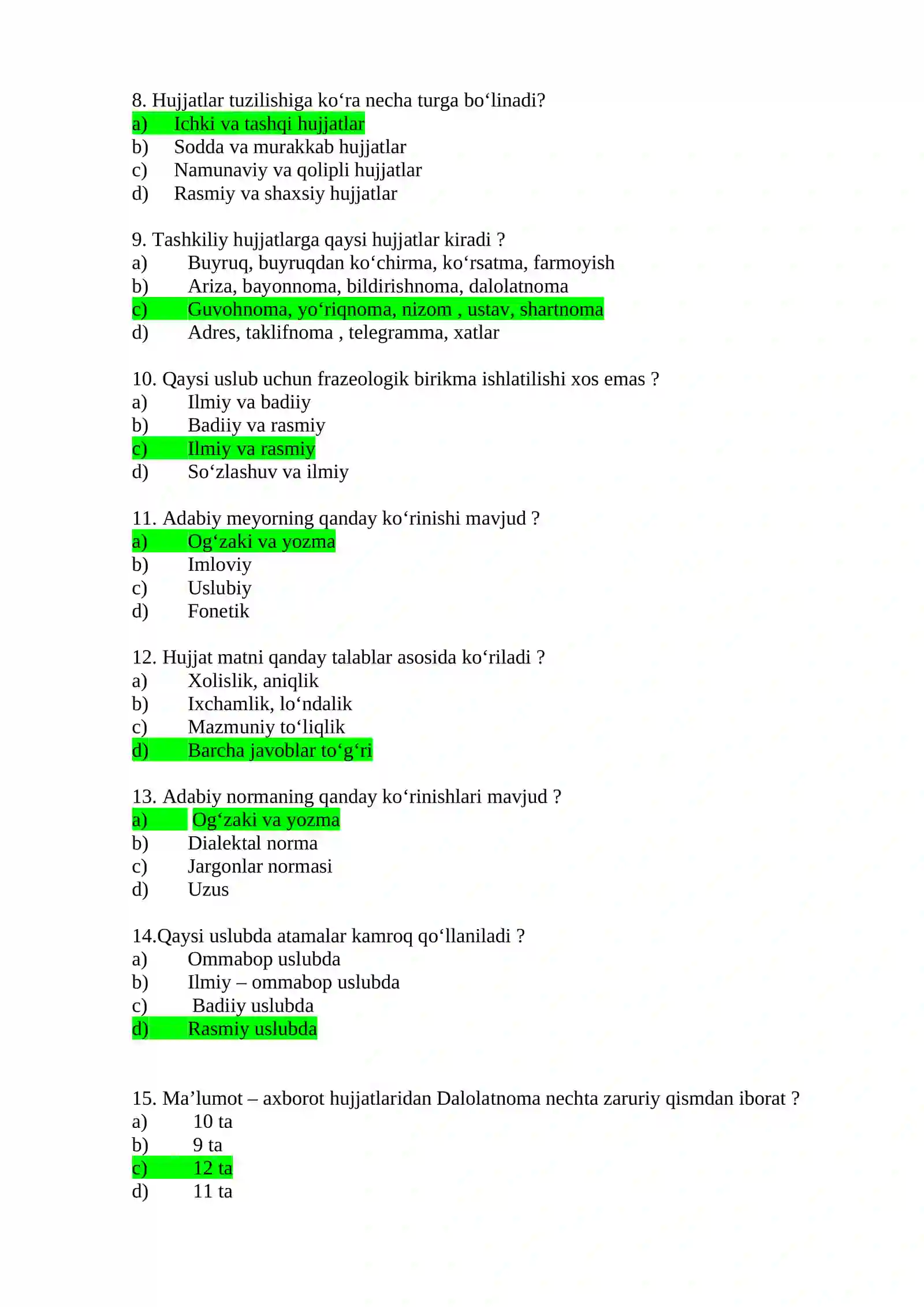 O‘ZBEK TILI FANIDAN TEST SAVOLLARI 2