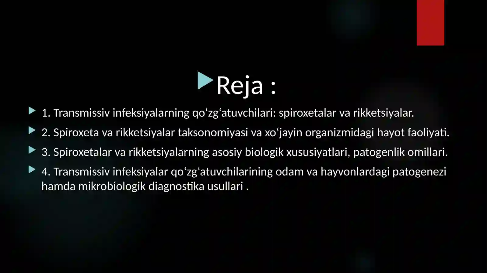 Transmissiv infeksiyalarning qo’zg’atuvchisi (spiroxetalar va rikketsiyalar). Taksonomiyasi, ekologiyasi, xo’jayin organizmlari va tashuvchilari, asosiy biologik xususiyatlari, patogenlik omillari. Odamlar va hayvonlar patologiyasidagi roli. Mikrobiologik diagnostika usullari 2