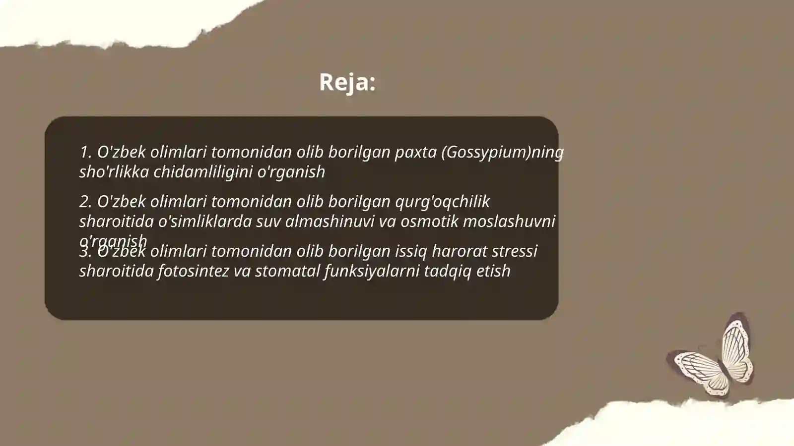 O'simliklar fiziologiyasiga hissa qo'shgan o'zbek olimlarini olib borgan ilmiy tadqiqot ishlari 2