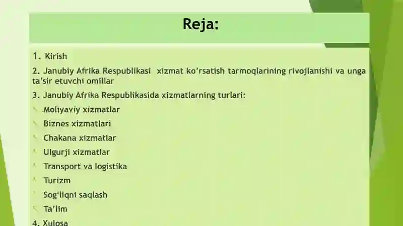 Janubiy Afrika Respublikasida xizmat ko’rsatish sohalarining hududiy rivojlanishi. Taqdimot. 2