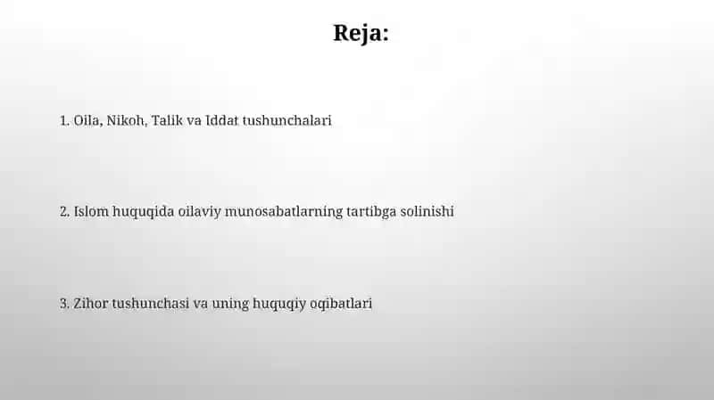 Islom huquqshunosligida oila, nikoh, taloq, idda, zihor tushunchalarini ta'riflash 2