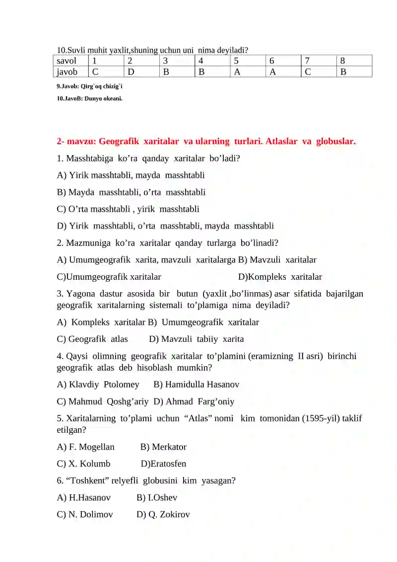 Materik va okeanlar tabiiy geografiyasidan test savollari 2