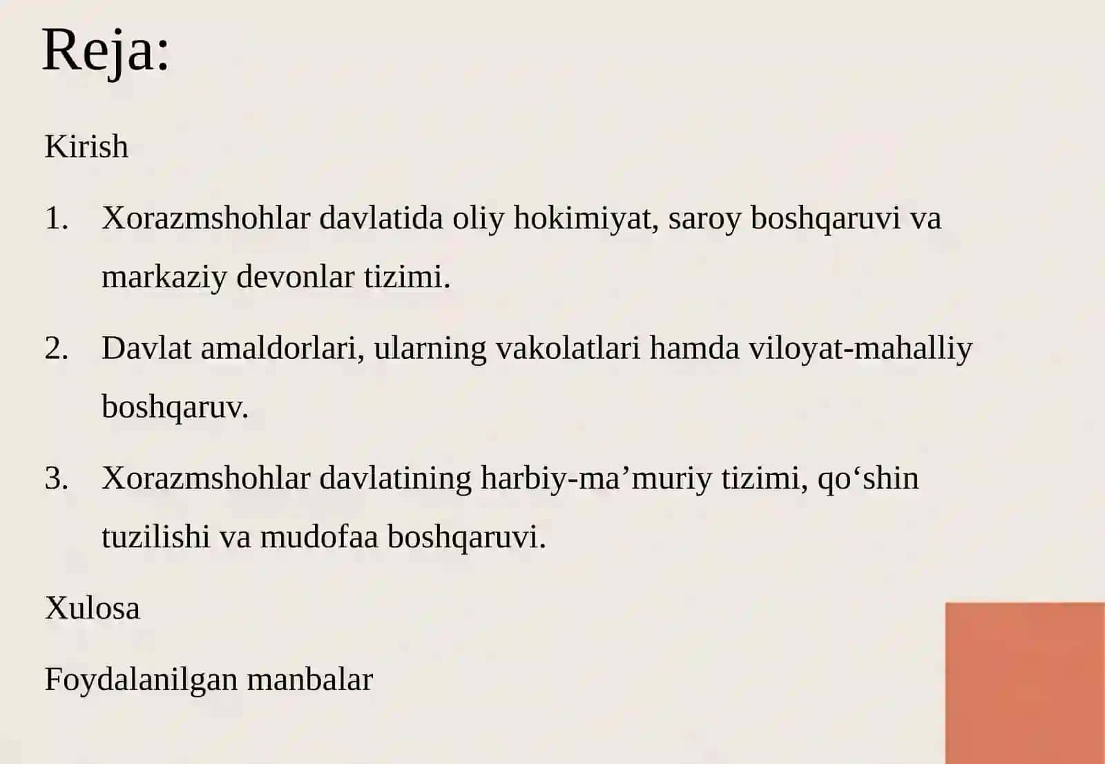 Xorazmshohlar davlatida saroy boshqaruvi, amaldorlar va harbiy-ma’muriy tizim. 2