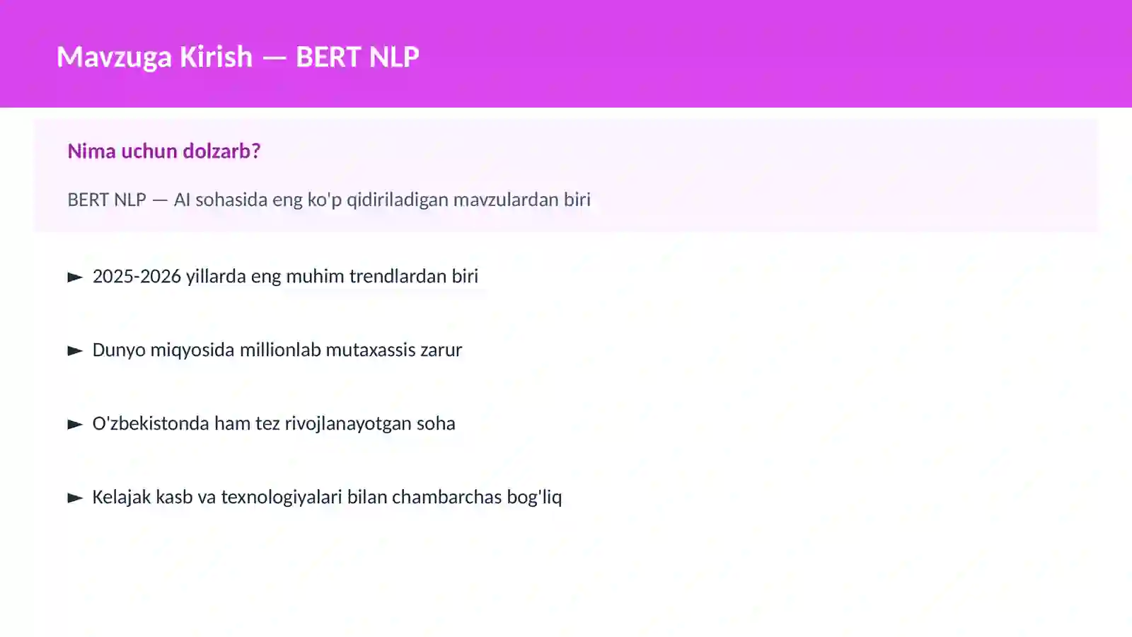 AI | DEEP LEARNING VA NEYRON TARMOQLAR BERT NLP 2