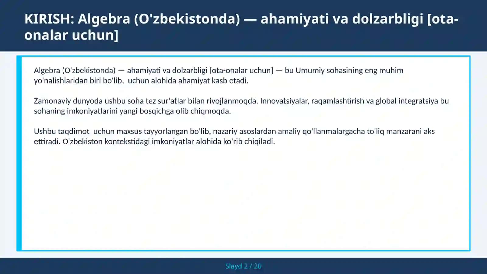 Algebra (O'zbekistonda) — ahamiyati va dolzarbligi [ota-onalar uchun] 2