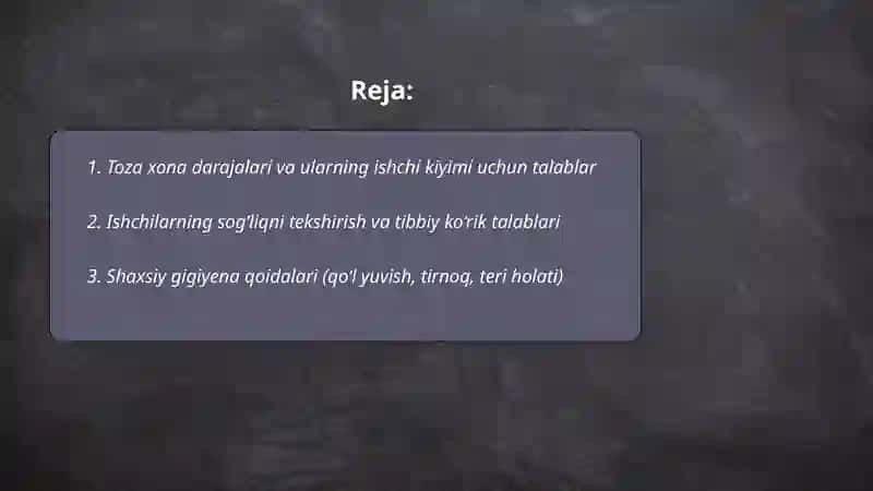 Kimyo-farmaseftika korxonalarida toza xonalarga ishchi xodimlariga va ularni kiyimlariga qoʻyiladigan gigiyenik talablar 2