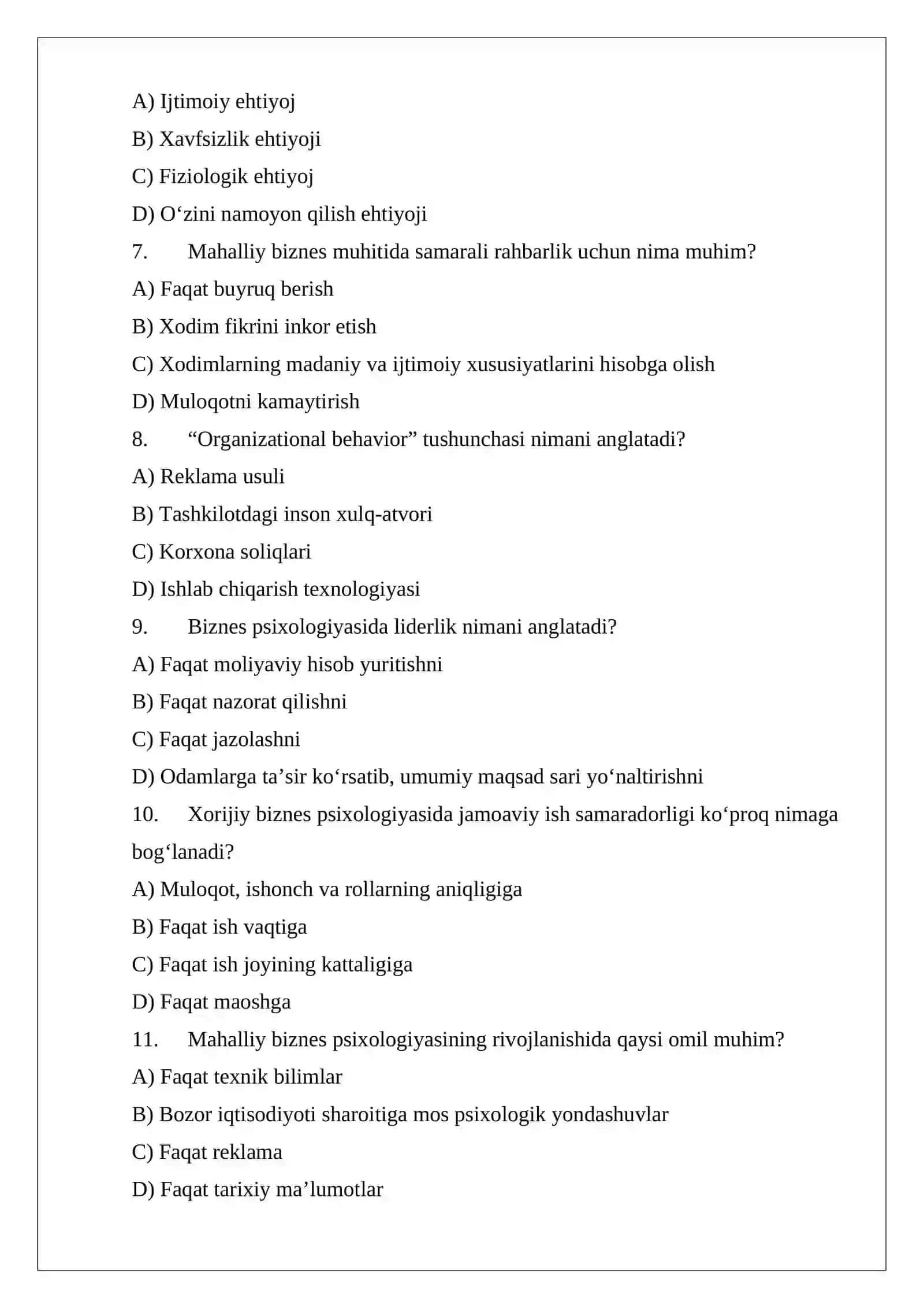 Biznes psixologiyasida mahalliy va xorijiy yo‘nalishlar Test 2