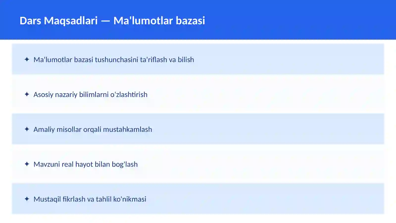 SQL O'qituvchilar va talabalar uchun dars ishlanma 2