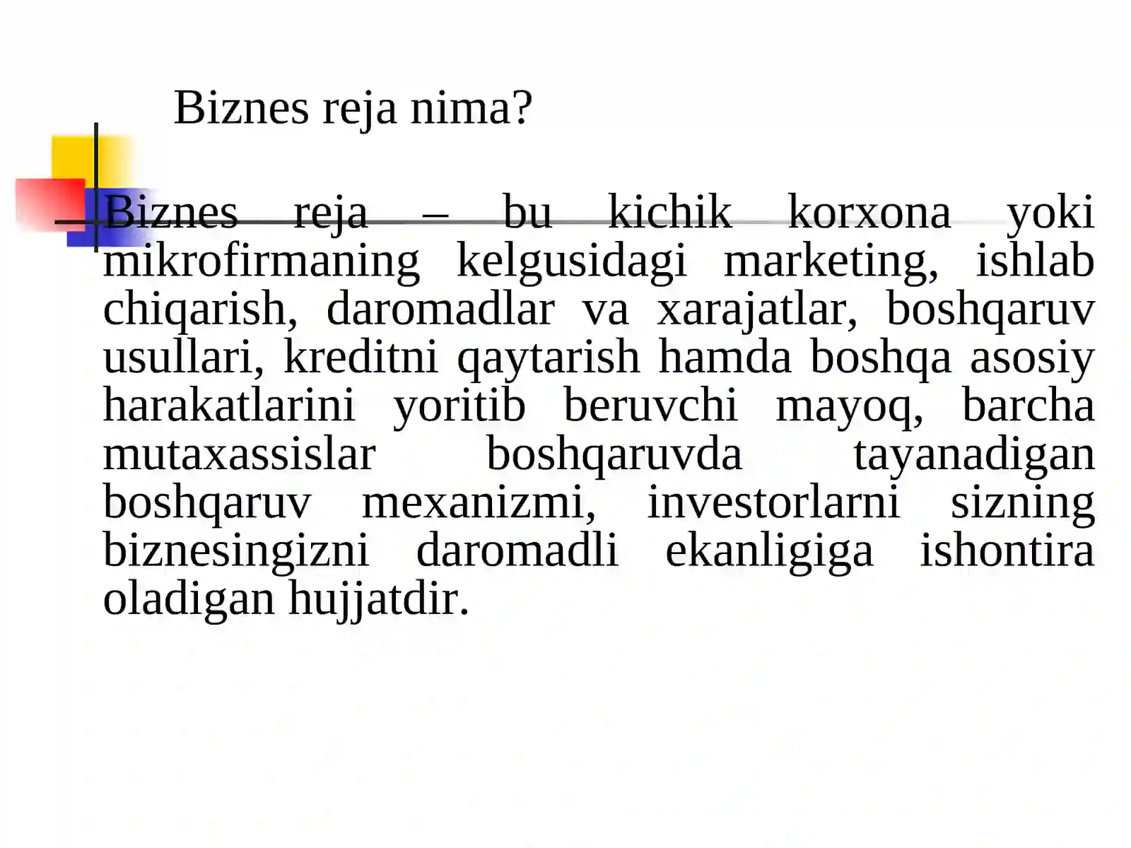 INVESTITSIYA LOYIHASINING BIZNES REJASI(4-SOAT) 2