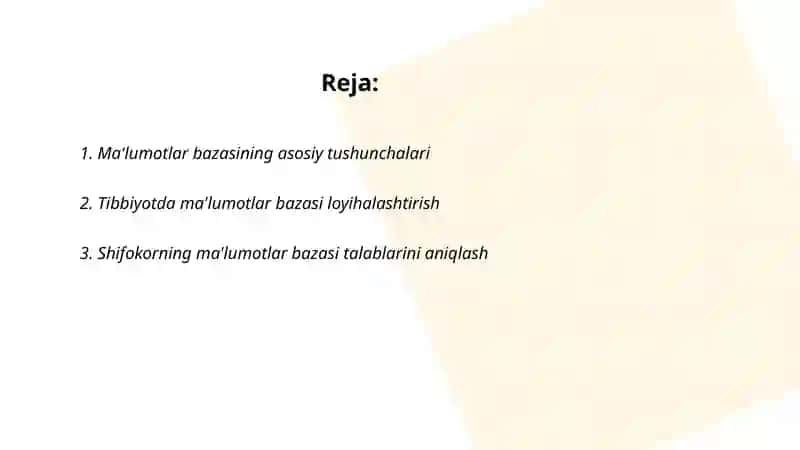 Tibbiyotda ma'lumotlar bazasi loyihalashtirish. Mutaxassis shifokorning ma'lumotlar bazasini boshqaruvchi tizimlar 2