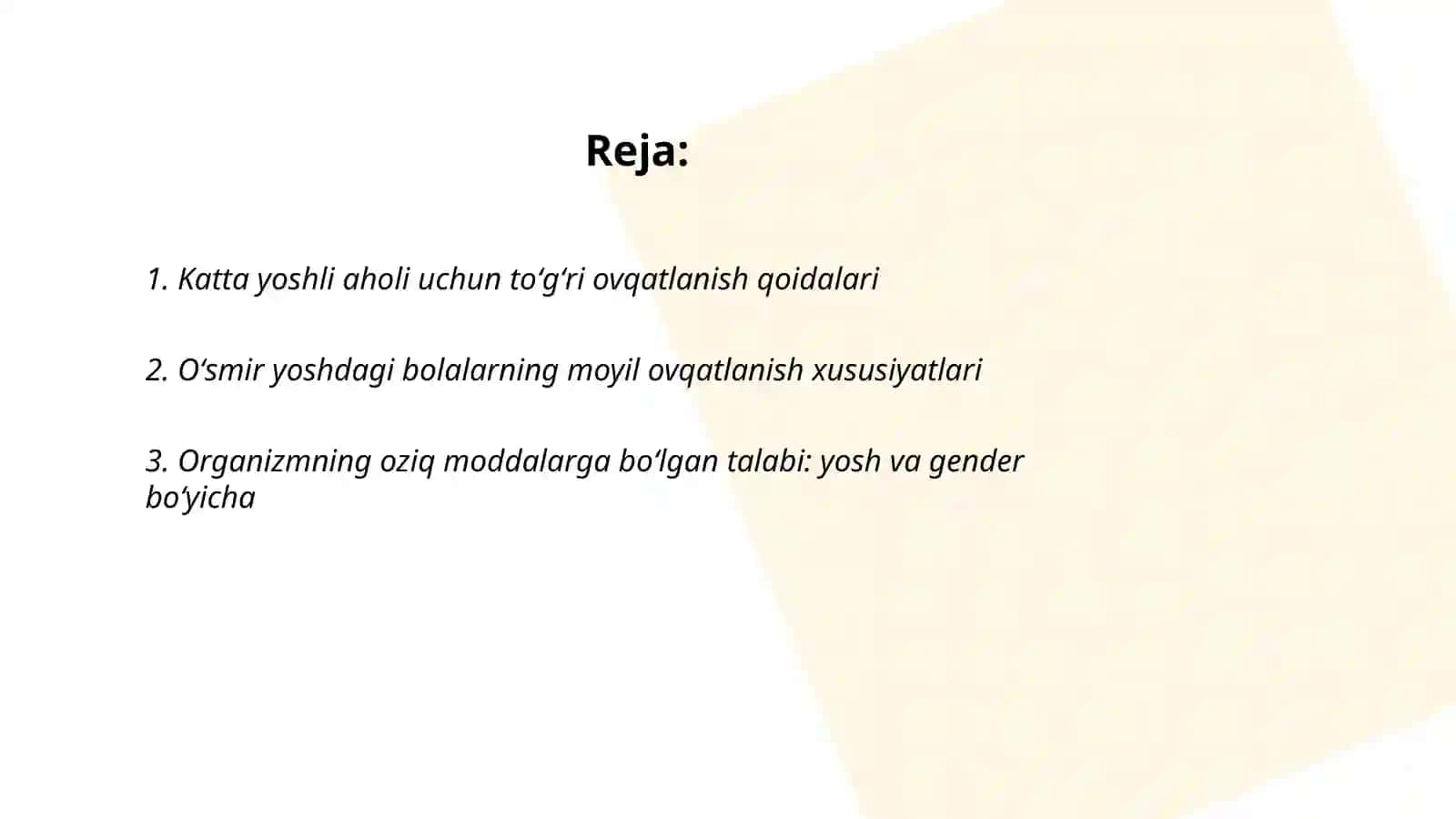 Katta yoshdagi aholi ovqatlanishi. Oʻsmir yoshdagi bolalar ovqatlanishi 2